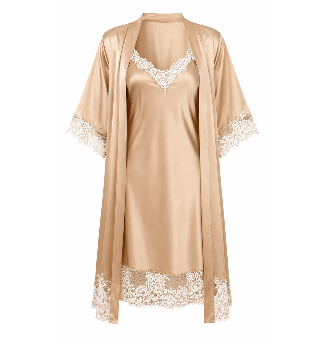SET Pijama satin – Halat și Rochiță de noapte